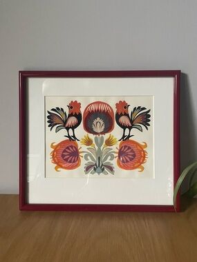 Vintage Framed Polish Wycinanki Handmade Papercut Folk Art Roosters and Florals
